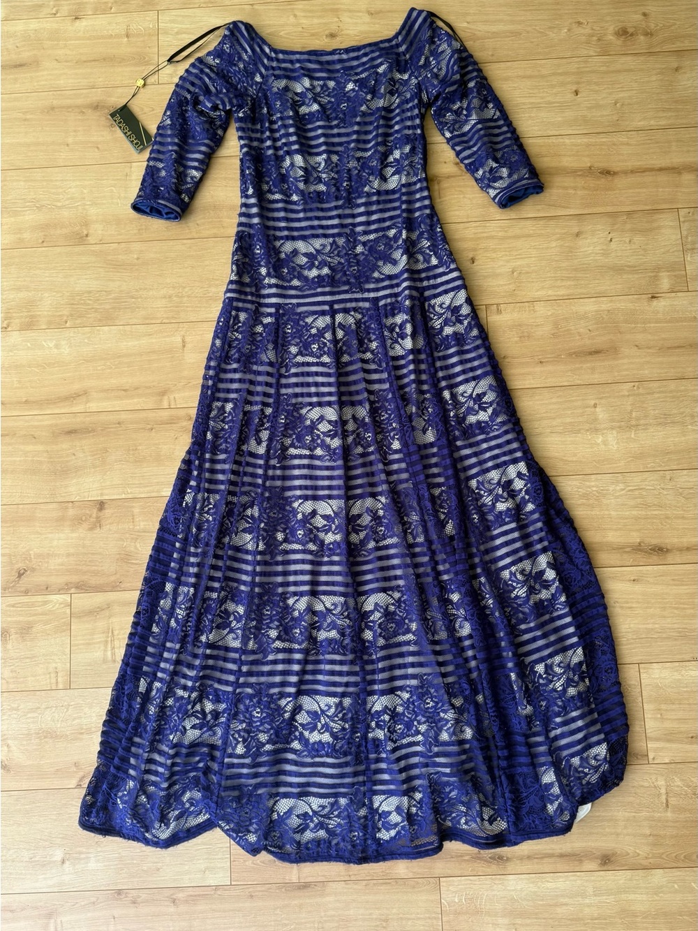 Tadashi Shoji Lace Off Shoulder Maxi Dress Blue Formal Gown NWT Size 8